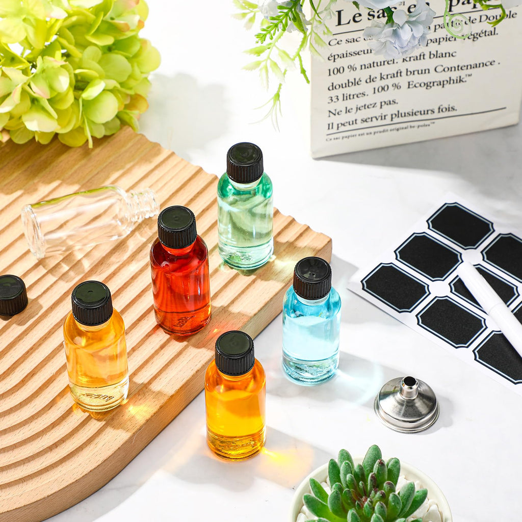 Hsei 1 oz Glass Bottle with Black Cap Clear Sample Boston Round Bottle Small Glass Containers with Lids and Funnel Chalk Labels Pen for Vanilla Extract Essential Oils(100 Pcs, 9 Sheet)