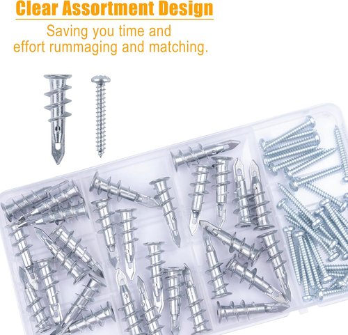 KURUI Zinc Self-Drilling Drywall Anchors Kit - 60PCs Heavy Duty 75LB Capacity | 30 Anchors & Screws