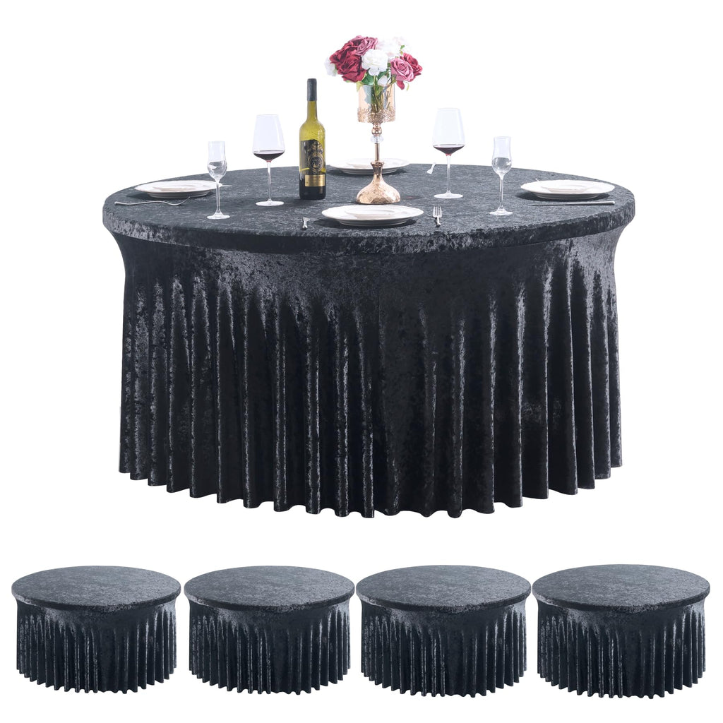 Outpain 4Pack 60 Inch Round Velvet Tablecloths - 120 Inch Stretch Spandex Table Cover with Floor-Length Skirt, Wrinkle-Free Luxury Elastic Table Cloths for Weddings,Banquets,Events (Black)