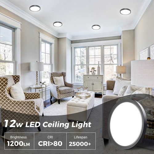 2PACK Flush Mount LED Ceiling Light Fixture - Black, 6.5Inch 12Watt, Dimmable & 3000K-4000K-6500K 3 Color Selectable Ceiling Lamp - 1200LM Low Profile Light for Kitchen, Bedroom, Hallway, Porch