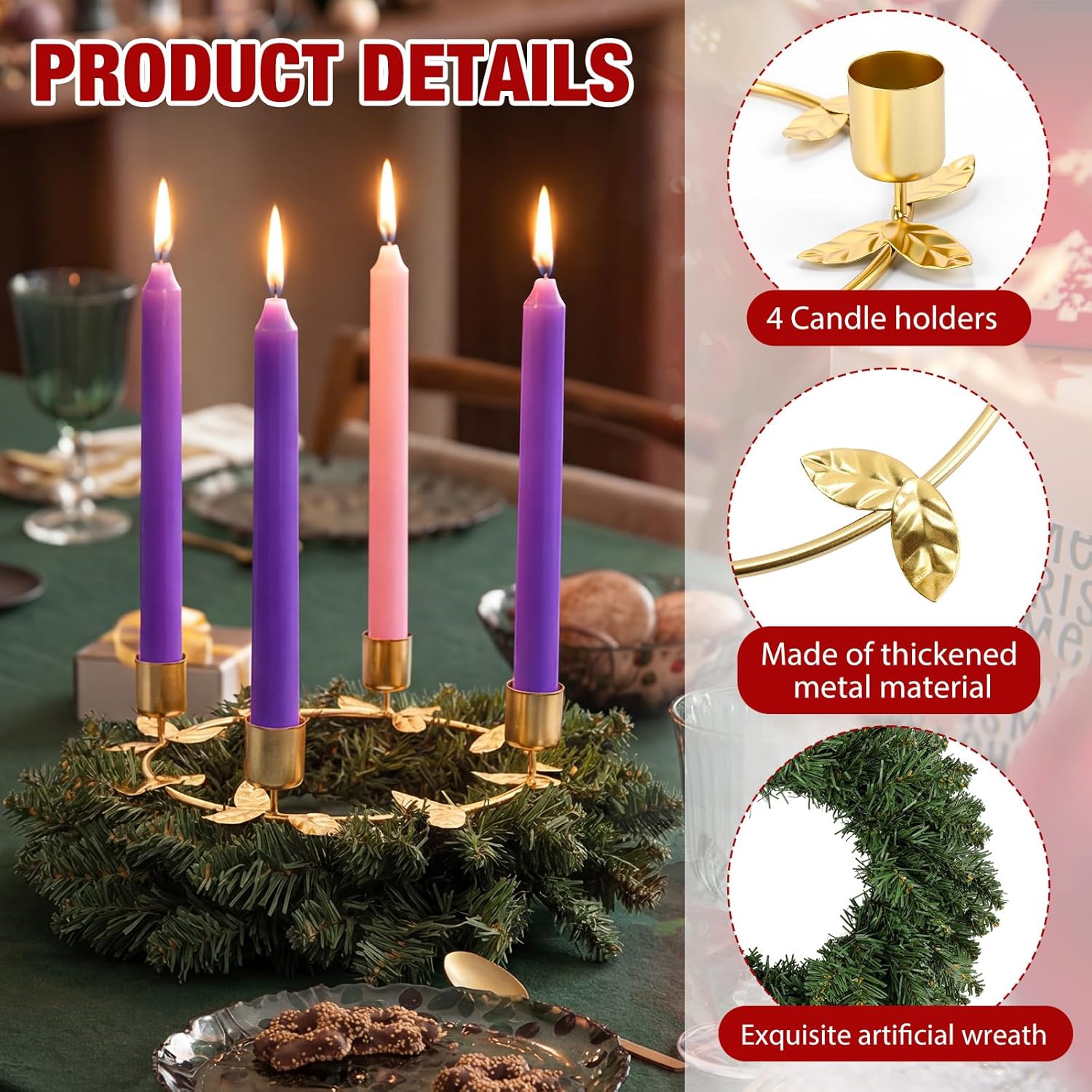Norfolk Pine | 2 Pcs Christmas Advent Wreath Candle Holder - Gold Ring Design for Festive Table Centerpiece