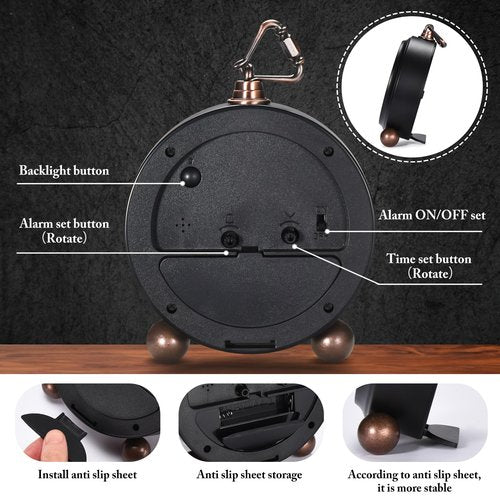 Tetino Analog Alarm Clock,Battery Powered Desk Clocks with Night Light,Silent Non Ticking,Retro Simply Design Alarm Clocks for Living Room, Bedroom, Bedside,Dormitory,Decor,Gift (Black)