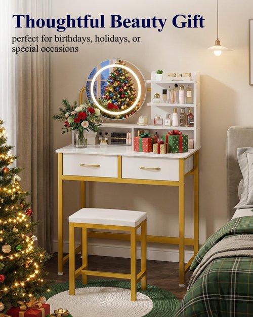 Kitsure Vanity Desk with Mirror and Lights - 3 Mode Lighted Makeup Vanity for Girls, Anti-Tipping Small Vanity with Chair for Bedrooms, Dressing Rooms, Walk-in Closet, Gold, 31.5" x 17.7" x 50.6"