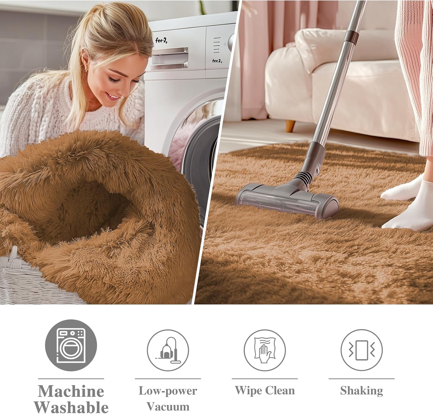 OLANLY Round Khaki Area Rug - Soft & Fluffy 6 ft Machine Washable Carpet for Bedroom & Living Room Decor