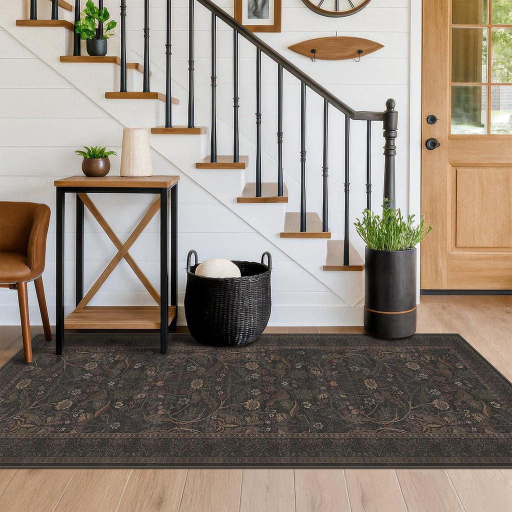Skiennix Washable 2x6 Kitchen Runner Rug - Non-Slip Dark Brown Floral Design for Farmhouse & Cabin