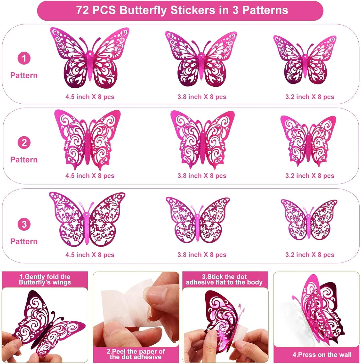 Skiennix Butterfly Decorations - 72 Pcs in 3 Sizes & Styles | Perfect for Party & Wall Decor (Purple)