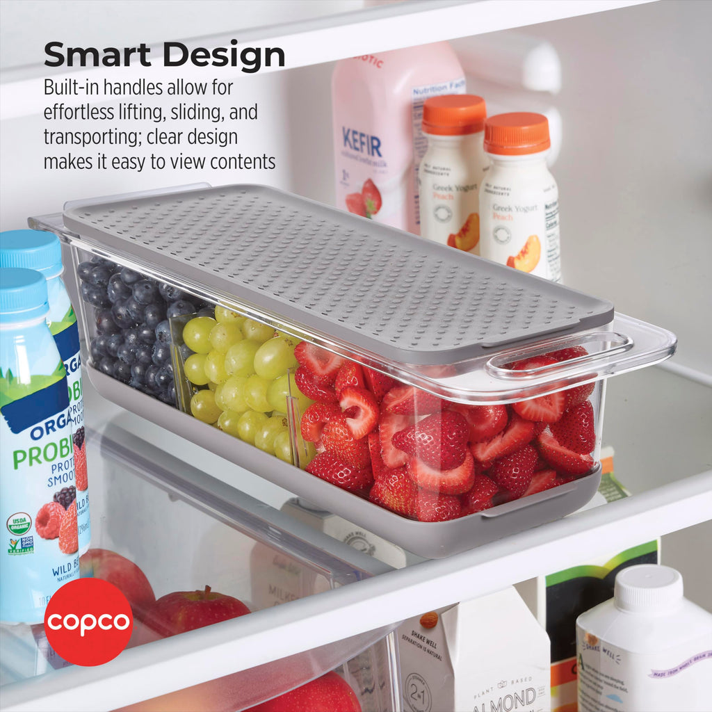 Copco Over the Sink Colander and Fridge Storage Bin with Folding Handle for Rinsing and Storing Fruits and Vegetables, Clear/Gray