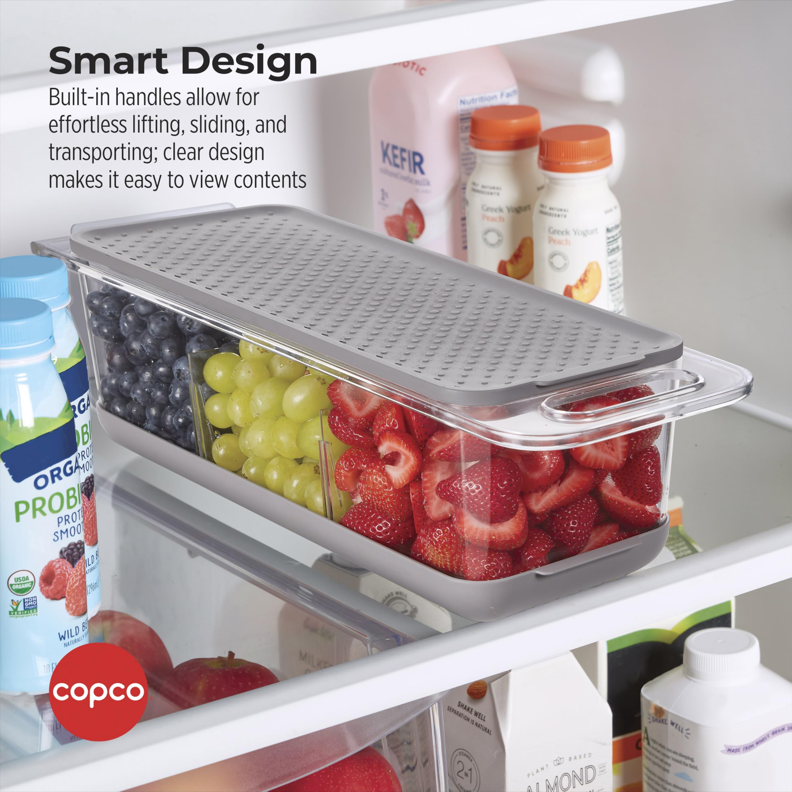 Copco Over the Sink Colander and Fridge Storage Bin with Folding Handle for Rinsing and Storing Fruits and Vegetables, Clear/Gray