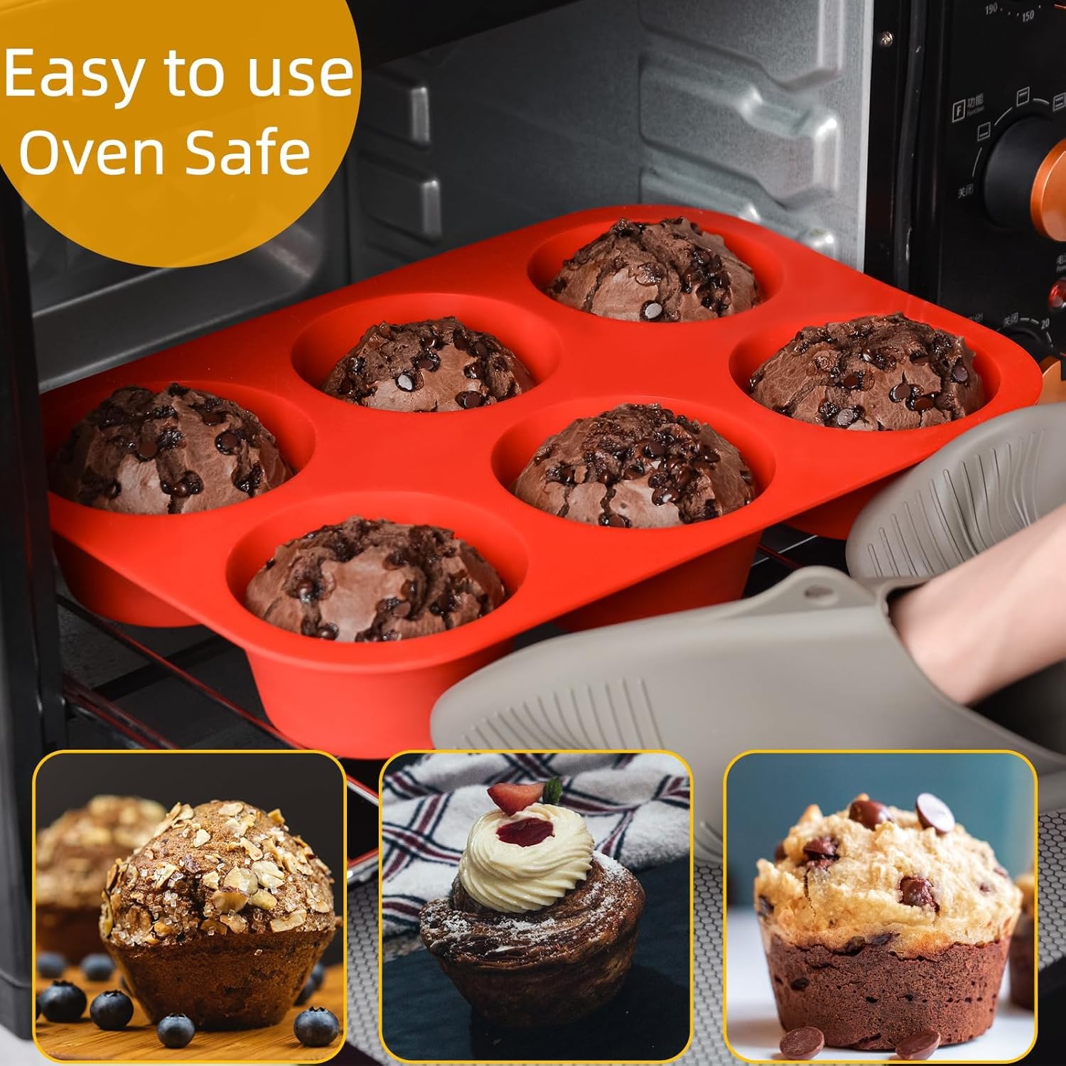 Skiennix Jumbo Muffin Pan - 6 Cup Silicone Baking Mold | 3.5 Inch Non-Stick Design for Easy Release