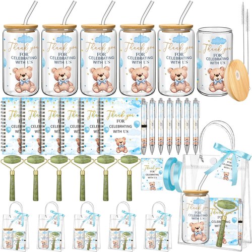 Reallnaive 6 Set Bear Baby Shower Game Prizes for Player Winners Tumblers with Lids Straws Roller for Face Pens Spiral Notebooks Gift Bags for Baby Bridal Shower Wedding Game Favors