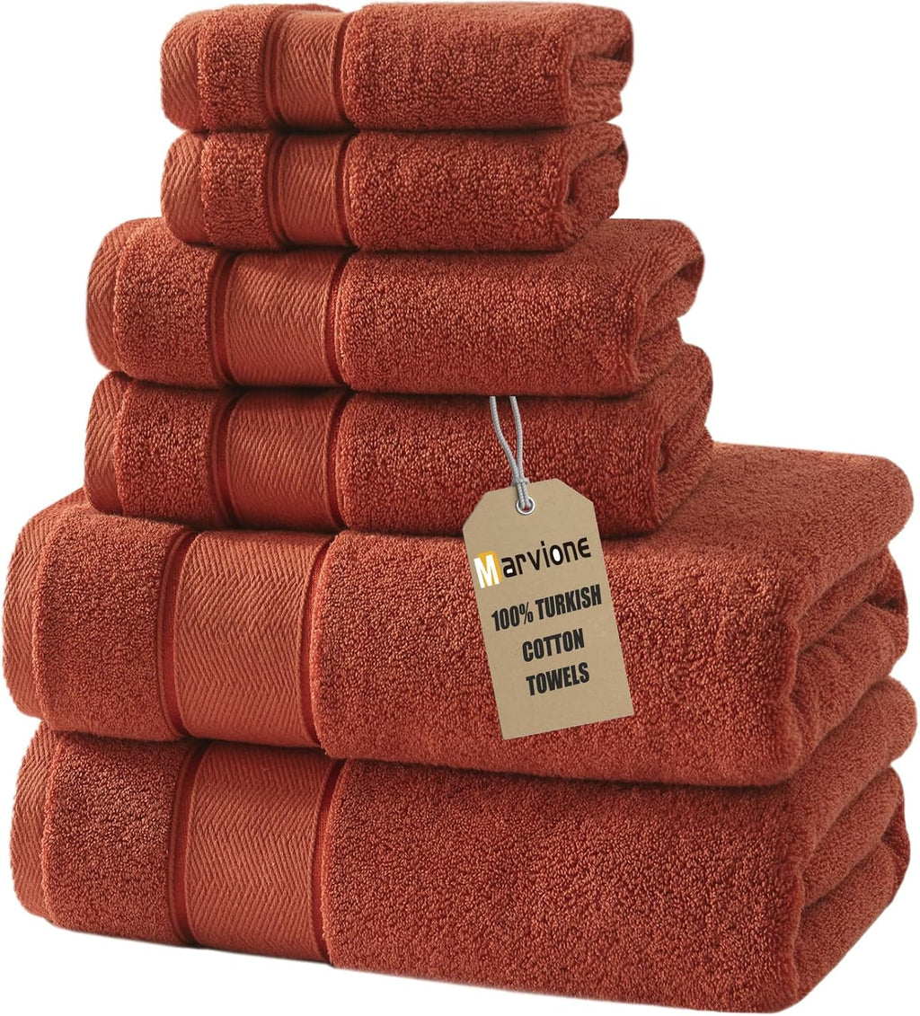 Marvione Bath Towels Set - 100% Turkish Cotton, Highly Absorbent & Soft | 6-Piece in Burnt Orange