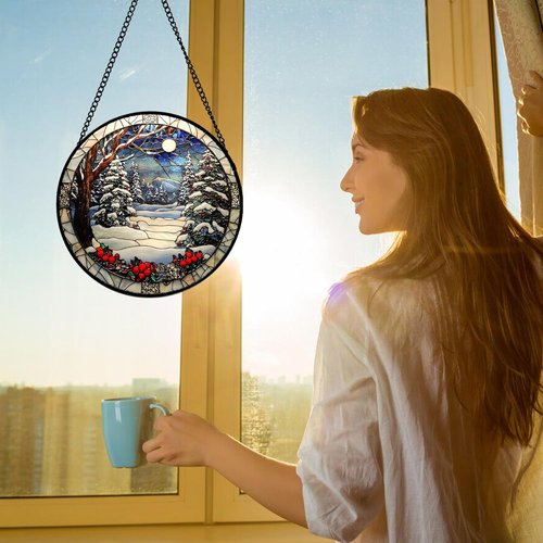 DASTOLL Stained Glass Window Hanging - Winter Snow Night Scenery Suncatcher | 9.8" Home Decor Gift
