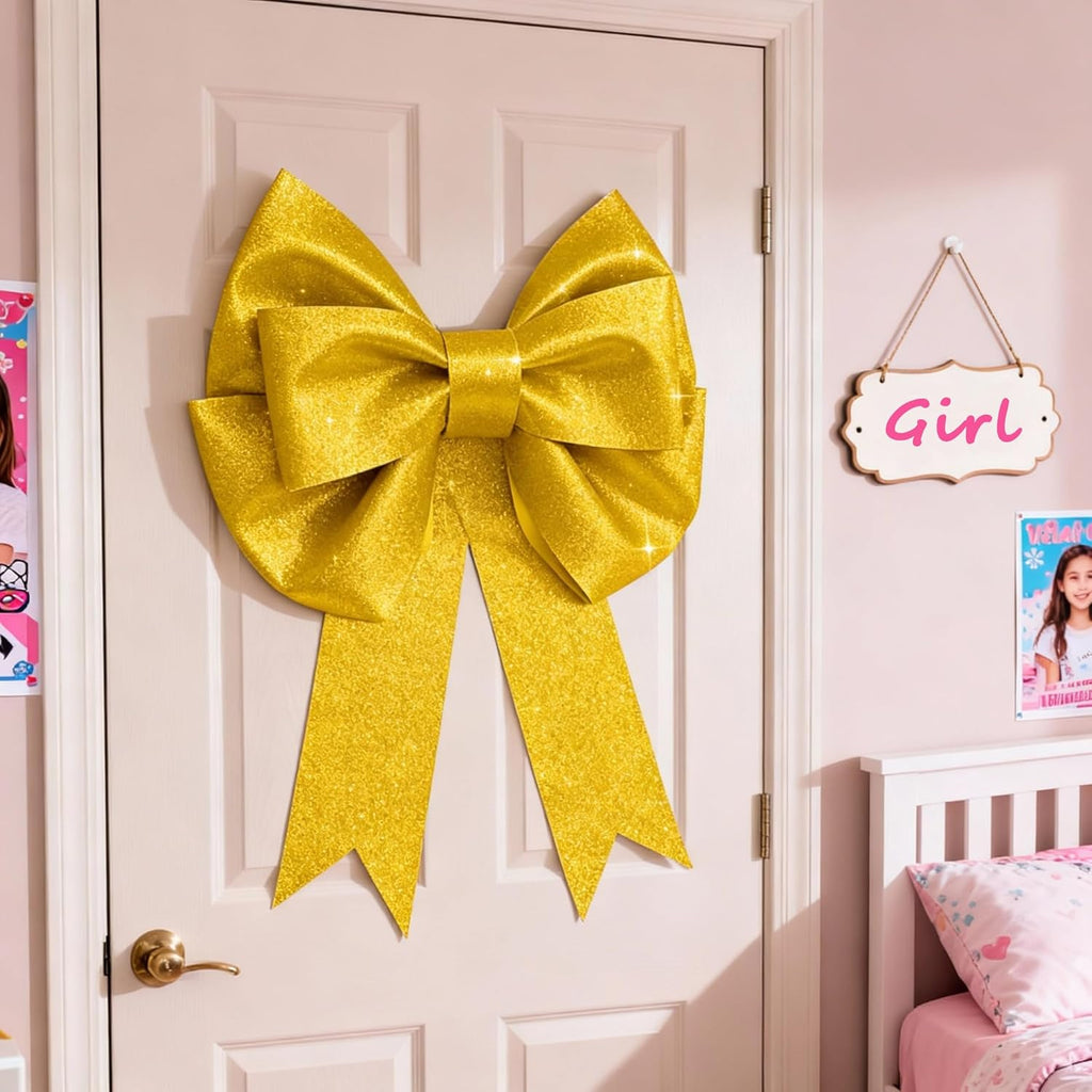 Skiennix 2 Pack Large Gold Glitter Bows - 20"x24" Giant DIY Party Decorations | Perfect for Weddings & Gifts
