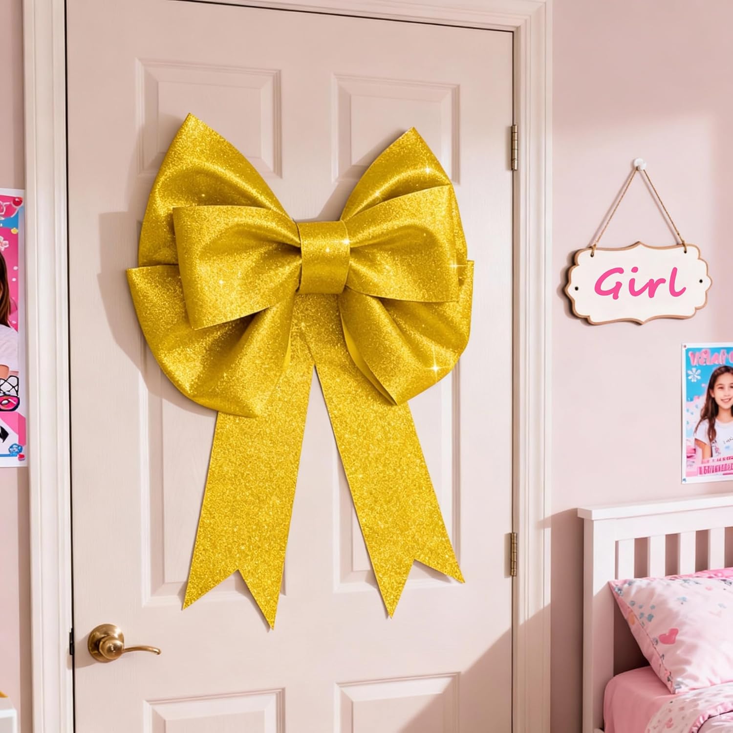 Skiennix 2 Pack Large Gold Glitter Bows - 20"x24" Giant DIY Party Decorations | Perfect for Weddings & Gifts