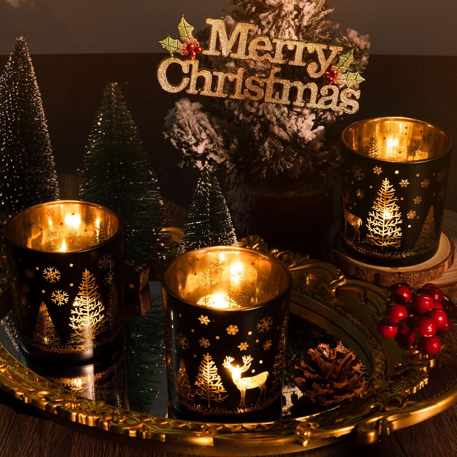 Skiennix Votive Candle Holders - Black and Gold Glass Tealight Set of 3 | Festive Elk, Tree & Snowflake Design