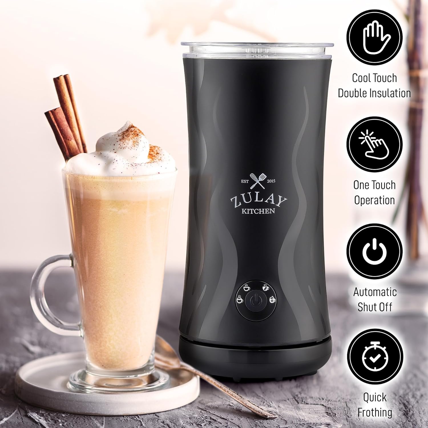 Zulay 4-in-1 Milk Frother & Steamer - Automatic Hot/Cold Foam Maker with Temperature Control - Black