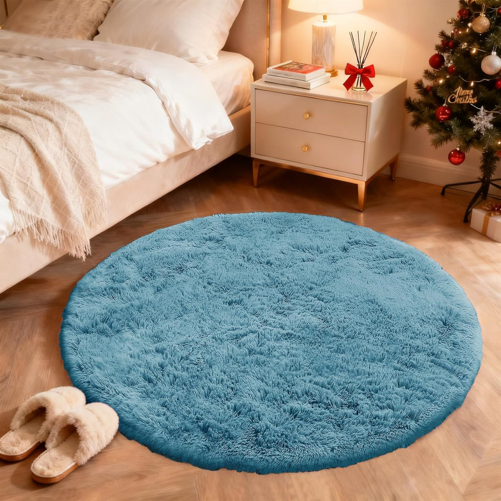 OLANLY Round Slate Blue Area Rug - Soft, Fluffy, Machine Washable 8 ft Circle Carpet for Bedroom & Living Room