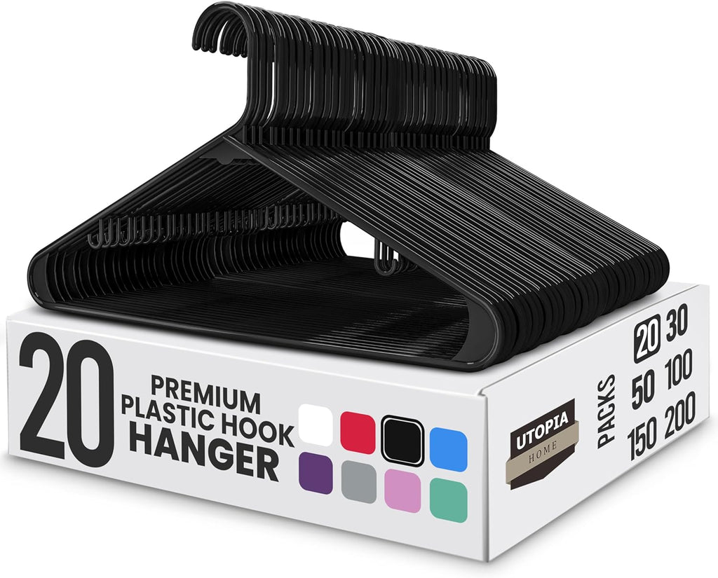 Utopia Home Plastic Hangers - Durable Space-Saving Clothes Organizer - 20 Pack for Shirts, Pants & Coats (Black)