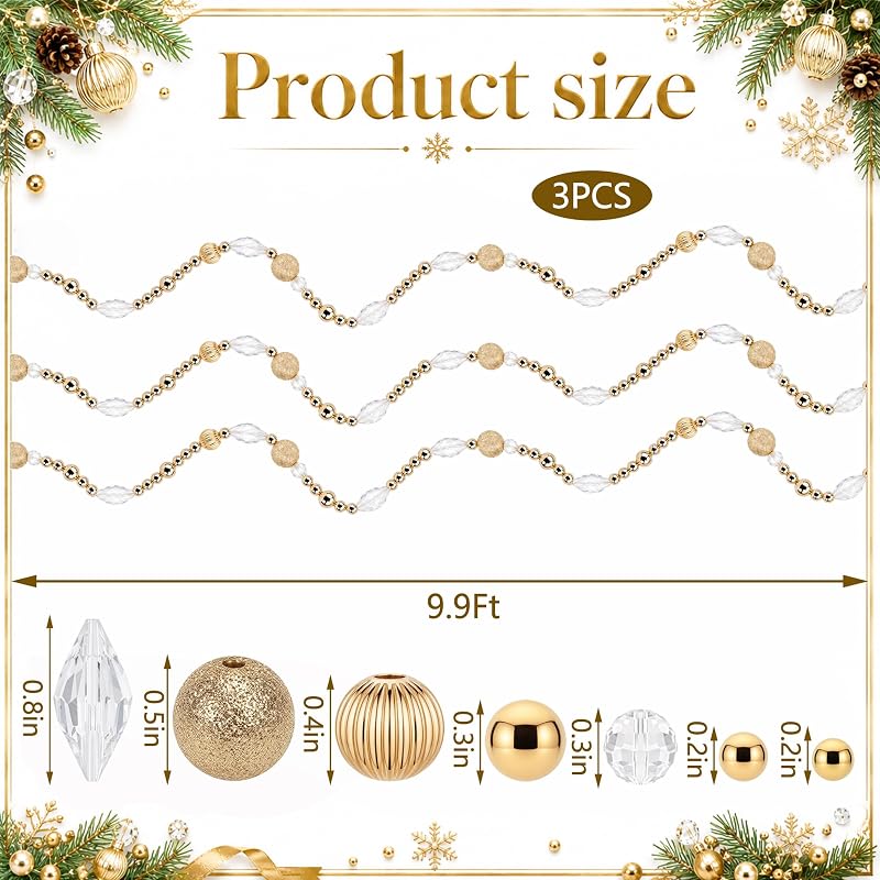 Golden 3pc 30ft Christmas Bead Garland Set - Gold Beaded Garland for Tree, Mantel & Wreath (Variation: Golden-3pcs)
