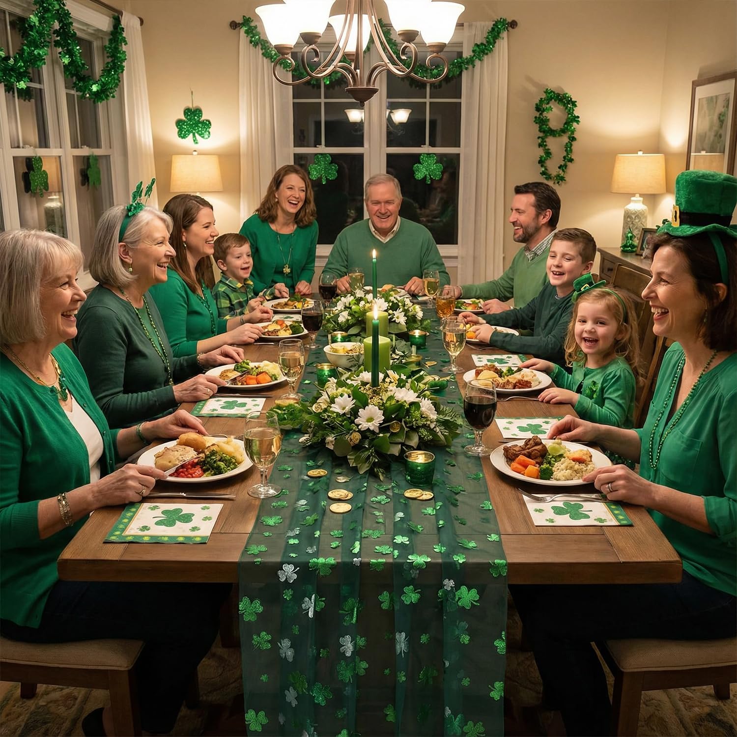 Artoid Mode Green Gauze Shamrocks St.Patrick's Day Table Runner 120 Inch 10FT,Seasonal Sheer Dining Holiday Baby Shower Table Decor for Home Party