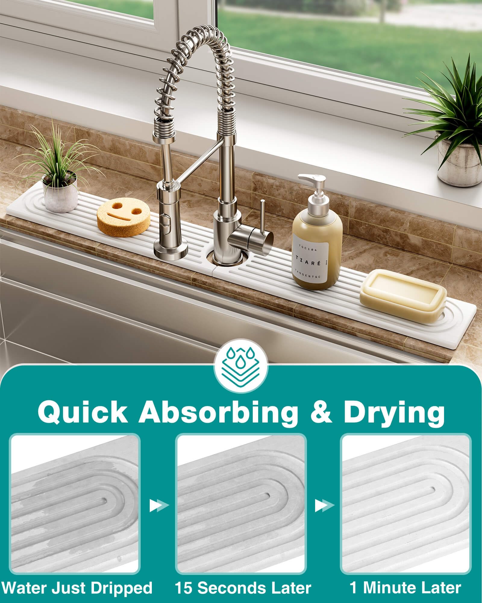 Stone Faucet Mat for Kitchen Sink, Diatomite Sink Protectors - Prevent Moisture Drying Stone Tray Fit Kitchen Counter & Bathroom Counter (White, 23.6" x 4")