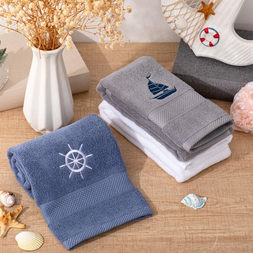 HunnmingRe 3 Pcs Nautical Hand Towels 13.3 x 28.4'' Nautical Bathroom Decor Summer Dark Blue White Cotton Dish Towels Coastal Boat Owners Gift for Home Bath Kitchen Beach Accessories