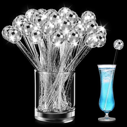 Thyle 120 Pcs Disco Ball Drink Stirrers 7.7'' Glitter Lolipop Stick Plastic Round Top Swizzle Stick Mirror Ball Cocktail Stir Disposable for Last Disco Bachelorette New Year Eve(Glitter Style)