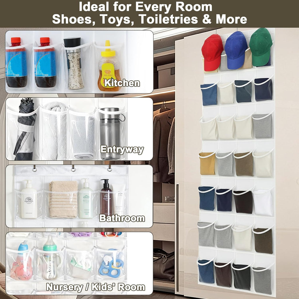 Over The Door Shoe Organizer - 24 Clear Pockets & Metal Hooks | Heavy Duty Space-Saving Storage (White)