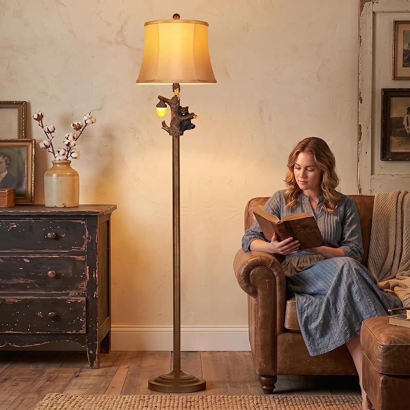 63-Inch Rustic Floor Lamp with Bear Nightlight for Bedroom & Living Room