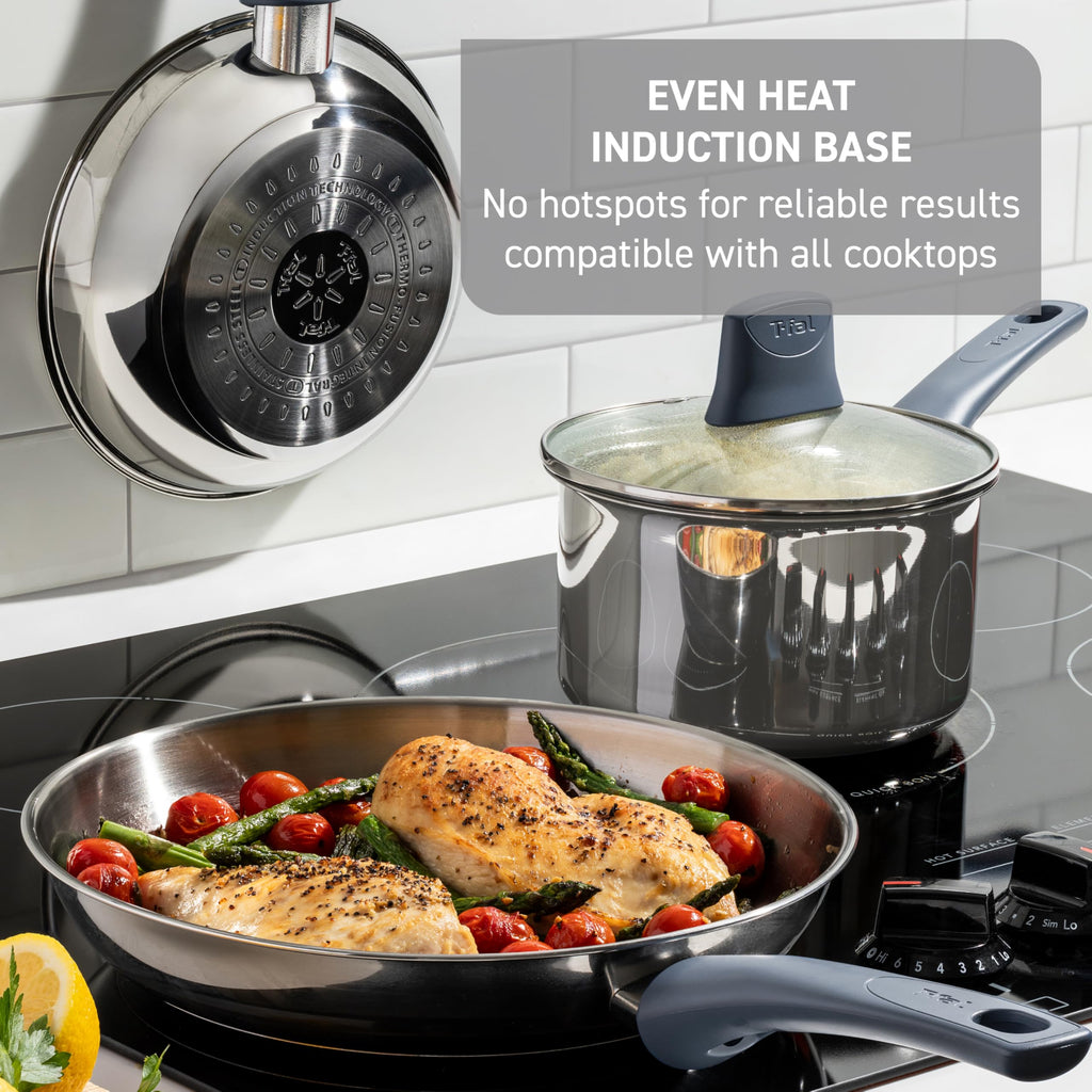 T-fal Essentials Stainless Steel Cookware Set, 2-Piece 8" and 10.5", Induction Compatible, Oven Safe 350F, Pots and Pans Set, Cooking Skillets, Cookware, Kitchen Frying Pans, Silver/Blue