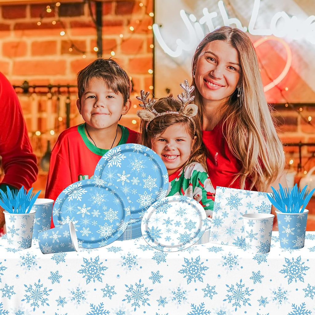 Skiennix Winter Snowflake Party Set - 142 Pcs Paper Plates, Napkins, Cups & Tablecloth | Blue & White