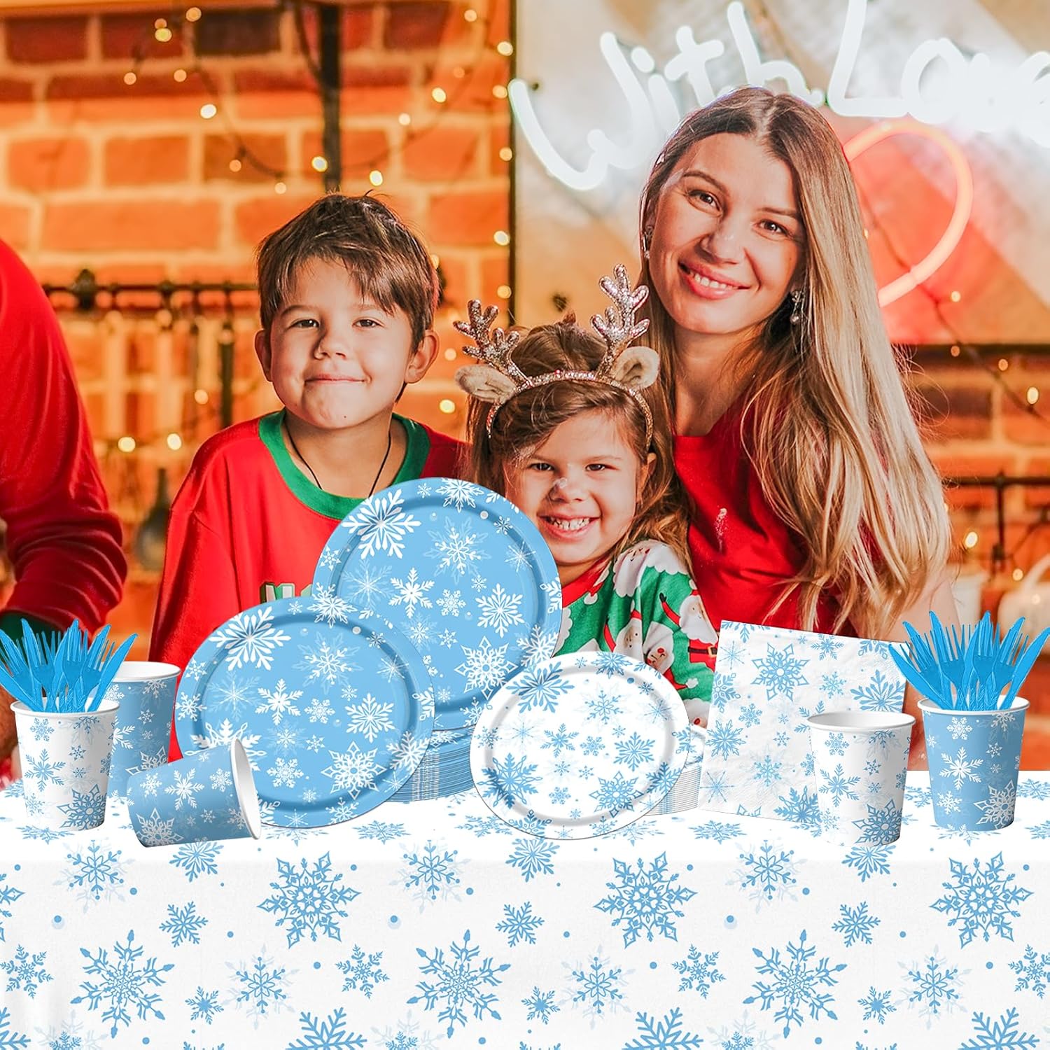 Skiennix Winter Snowflake Party Set - 142 Pcs Paper Plates, Napkins, Cups & Tablecloth | Blue & White