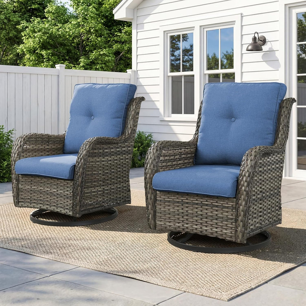 Belord Outdoor Swivel Chairs - Set of 2 All-Weather Wicker Rockers for Patio & Porch - Gray/Blue