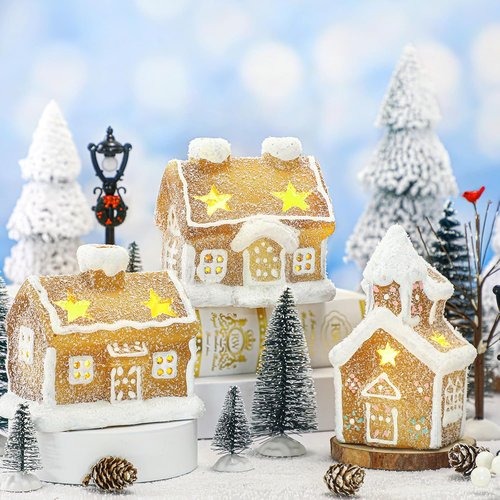 GlikCeil LED Christmas Gingerbread Village Set - 17 Pieces with Ceramic Houses, Birch Trees & Pine Trees