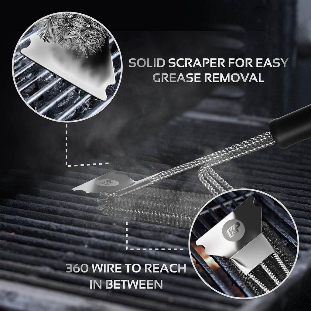 **KITCHEN PERFECTION Grill Brush - Safe Wire BBQ Cleaner with Scraper & Mat | Extended Handle for Easy Use**