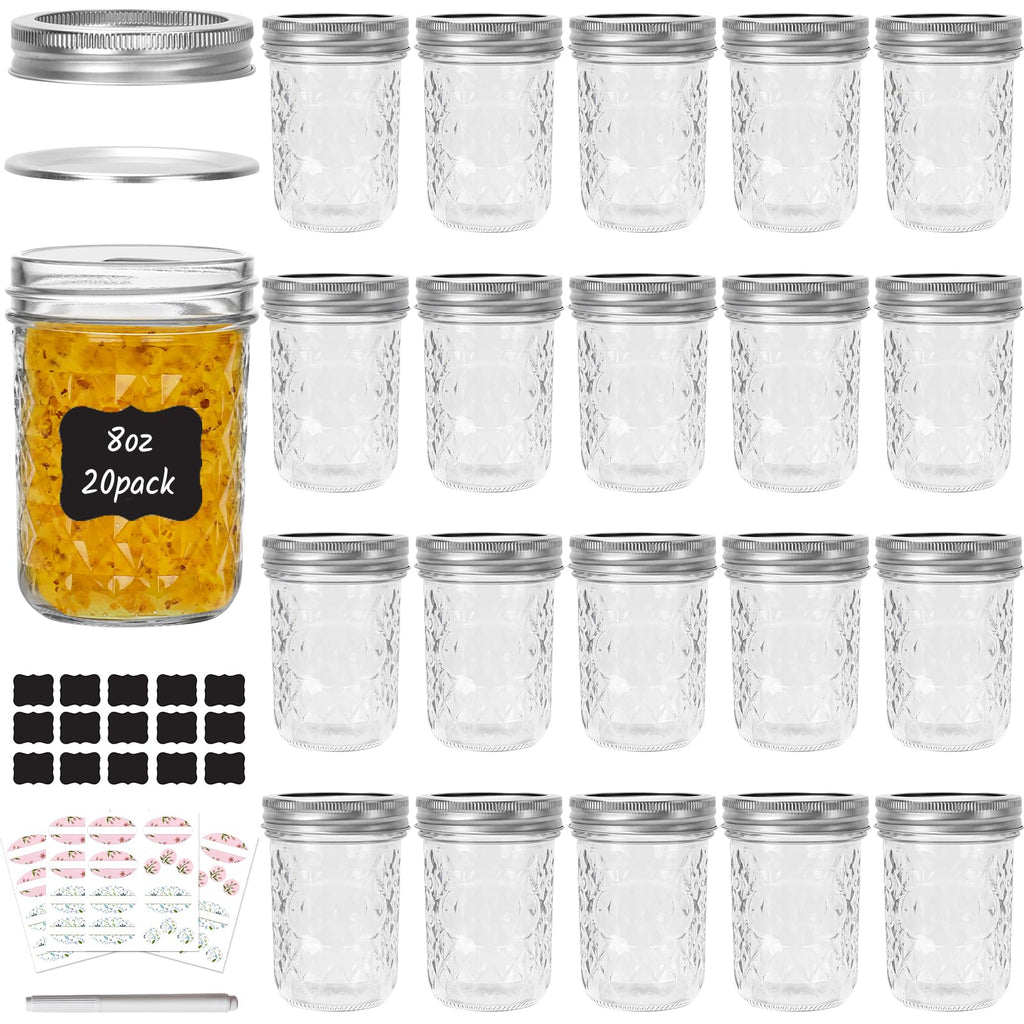 Keketin 8 oz Mason Jars with Airtight Lids,20 Pack Regular Mouth Glass Canning Jars,240ml Glass Mason Jar Diamond Jelly Jars for Honey,Jam Preserving,Fruits Salad,Baby Foods,Party Favors