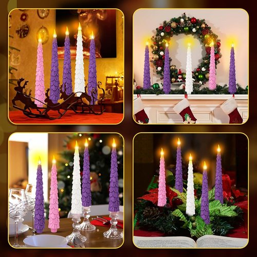 Baquler Flameless Advent Candle Set - 10 Inch LED Taper Candles with Remote Timer | Purple, Pink, White