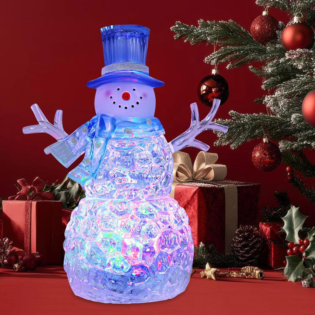 Snowman Christmas Decoration - LED Lighted Figurine with 6-Hour Timer | Battery Operated Acrylic Snowman (Blue Hat)