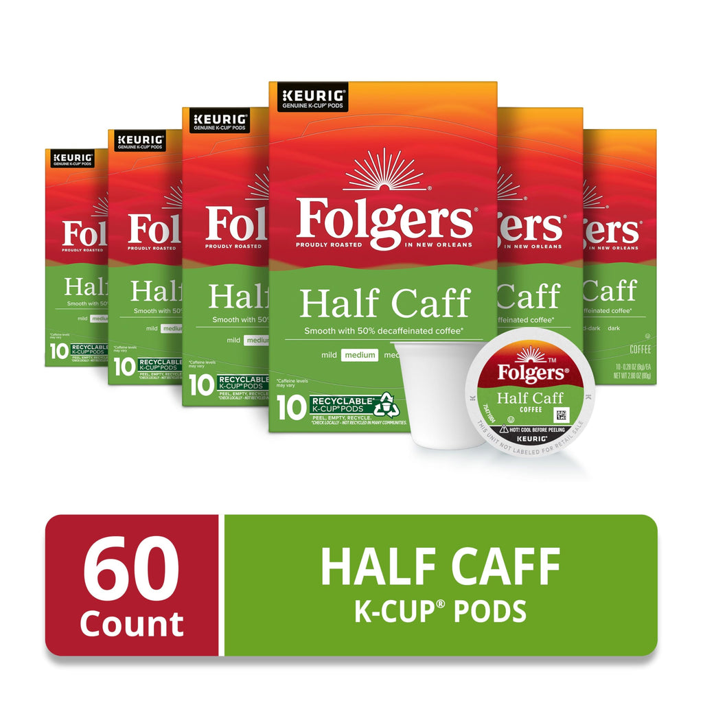 Folgers Half Caff Medium Roast Coffee, Keurig K-Cup Pods, 10 Count Boxes (Case of 6)