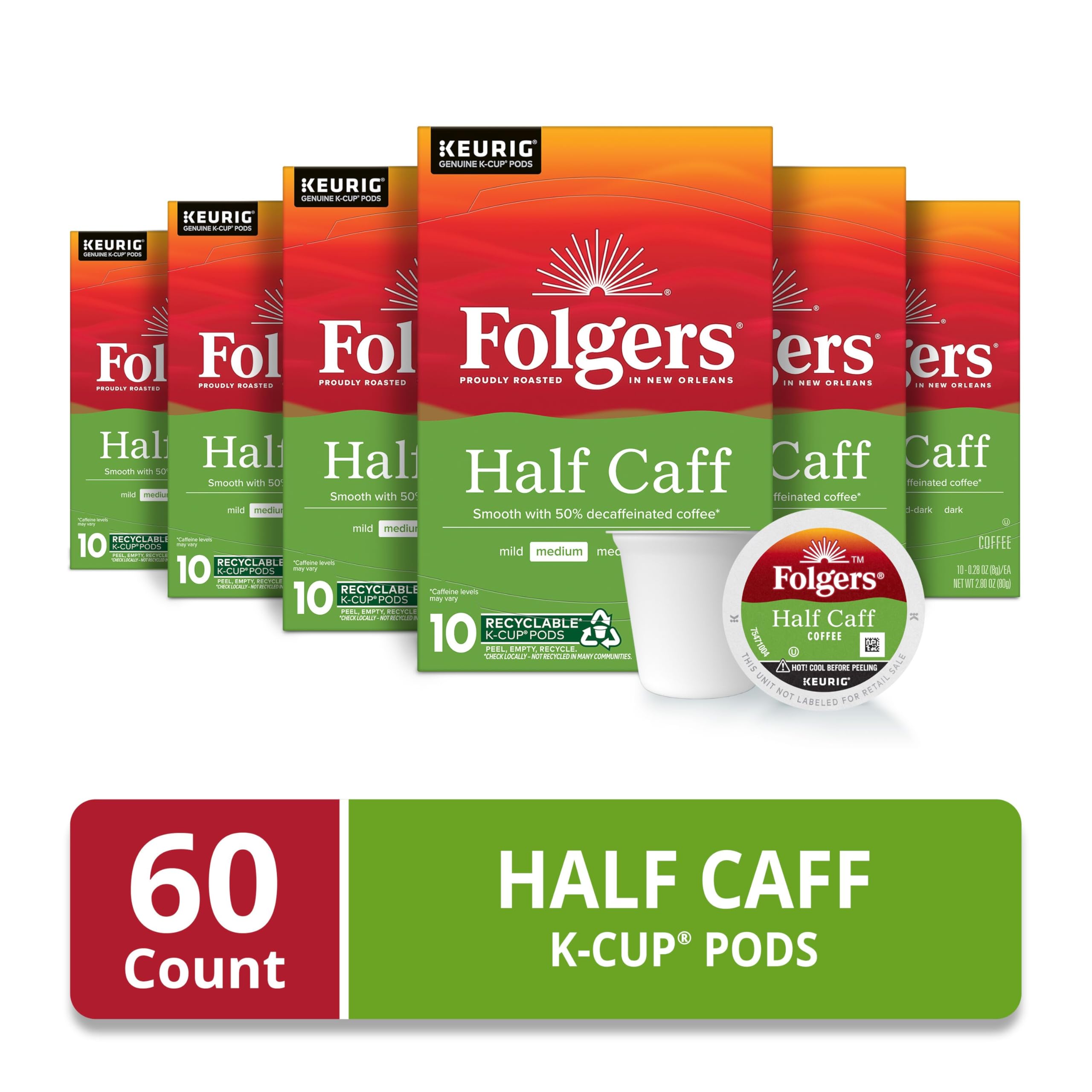 Folgers Half Caff Medium Roast Coffee, Keurig K-Cup Pods, 10 Count Boxes (Case of 6)