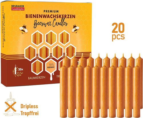 BRUBAKER Beeswax Tree Candles - Honey Colored - Pack of 20 - 3¾ x ½ Inch (9.5 x 1.27cm) - Made in Europe