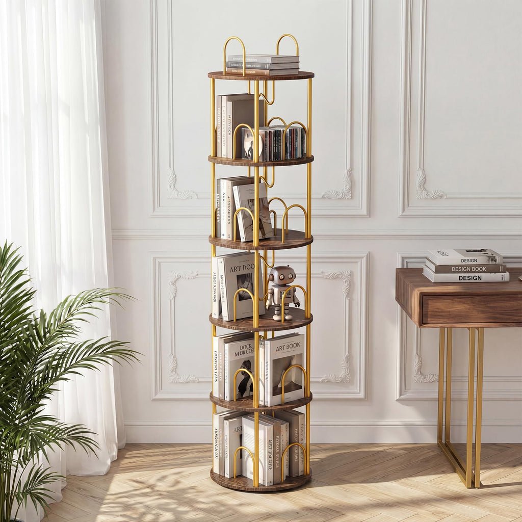 Merkisa 5 Tier Rotating Bookshelf, 360° Spinning Bookshelf Tower, Narrow Corner Book Shelf, Revolving Bookcase Corner Tall Book Shelf for Small Spaces, Bedroom, Living Room, Gold