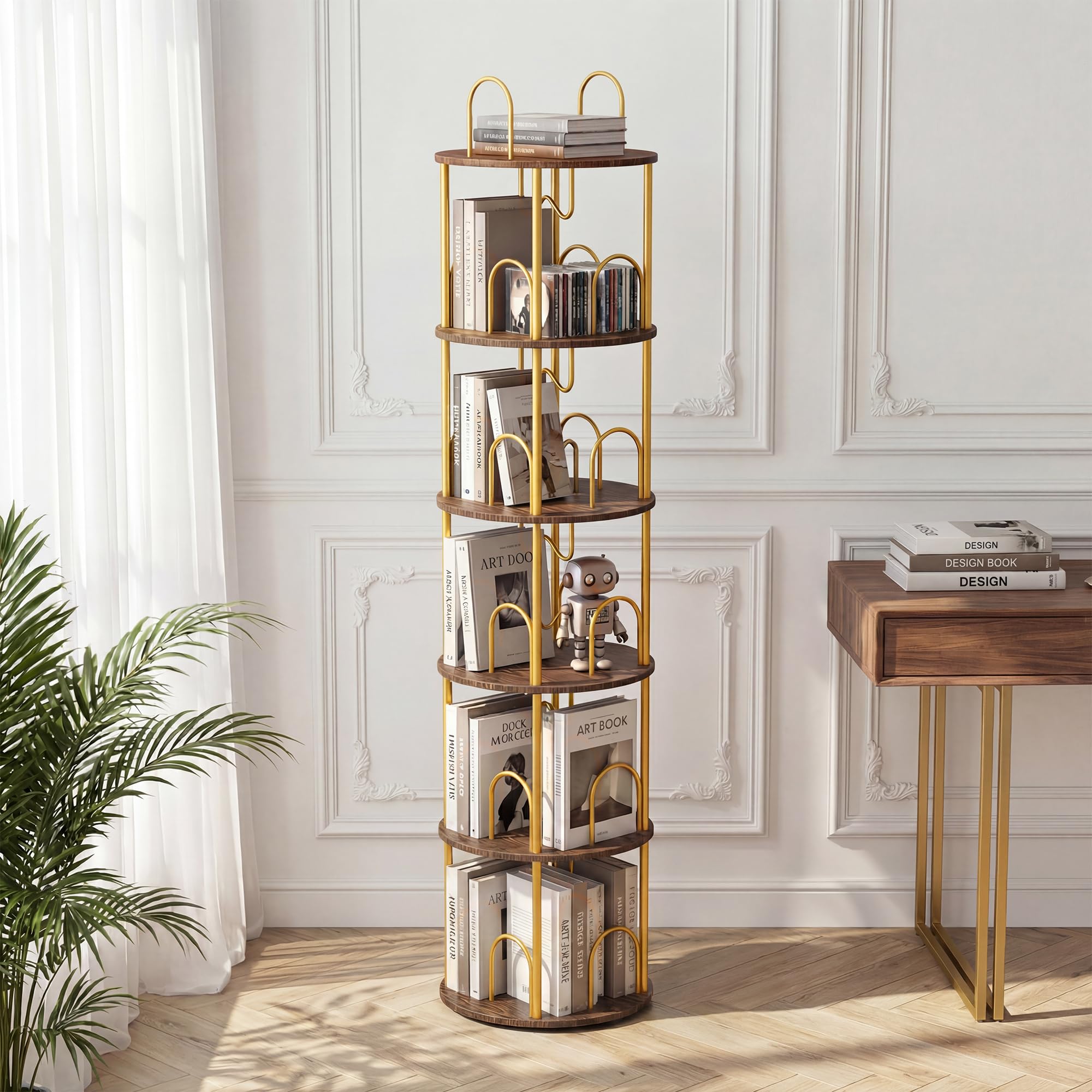 Merkisa 5 Tier Rotating Bookshelf, 360° Spinning Bookshelf Tower, Narrow Corner Book Shelf, Revolving Bookcase Corner Tall Book Shelf for Small Spaces, Bedroom, Living Room, Gold