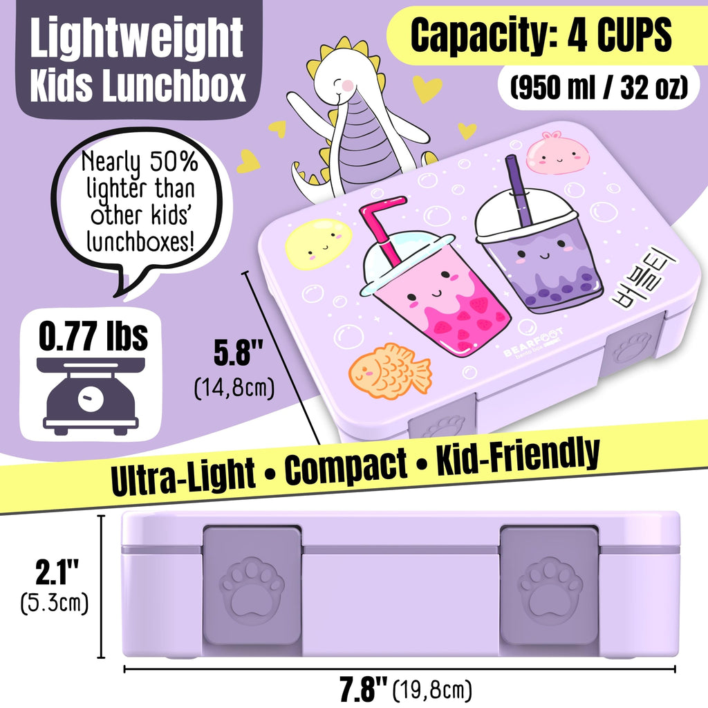 BEARFOOT Kids Lunch Box with Compartments – Compact & Lightweight | Leak-Proof, BPA-Free, Dishwasher Safe | Hand-Drawn Design for Preschool, School, Travel (BubbleTea Purple, 4 Cups)