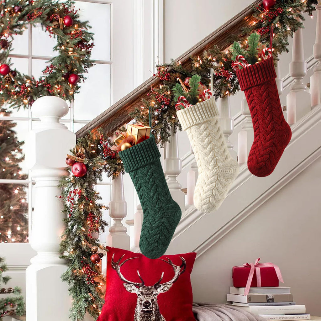 meioro 18 Inches Christmas Stockings, Large Size Cable Knit Christmas Stocking, Fireplace Hanging Xmas Stocking for Holiday Family Party Decoration with Greeting Card(Green)