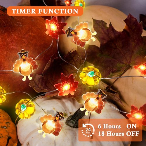 [Timer, 8 Modes]10Ft 30LED Thanksgiving Lights Decoration, Battery Operated Copper Wire String Lights Thanksgiving Turkey Maple Pumpkin Lights Thanksgiving Lights Indoor Home Autumn Harvest Fall Decor