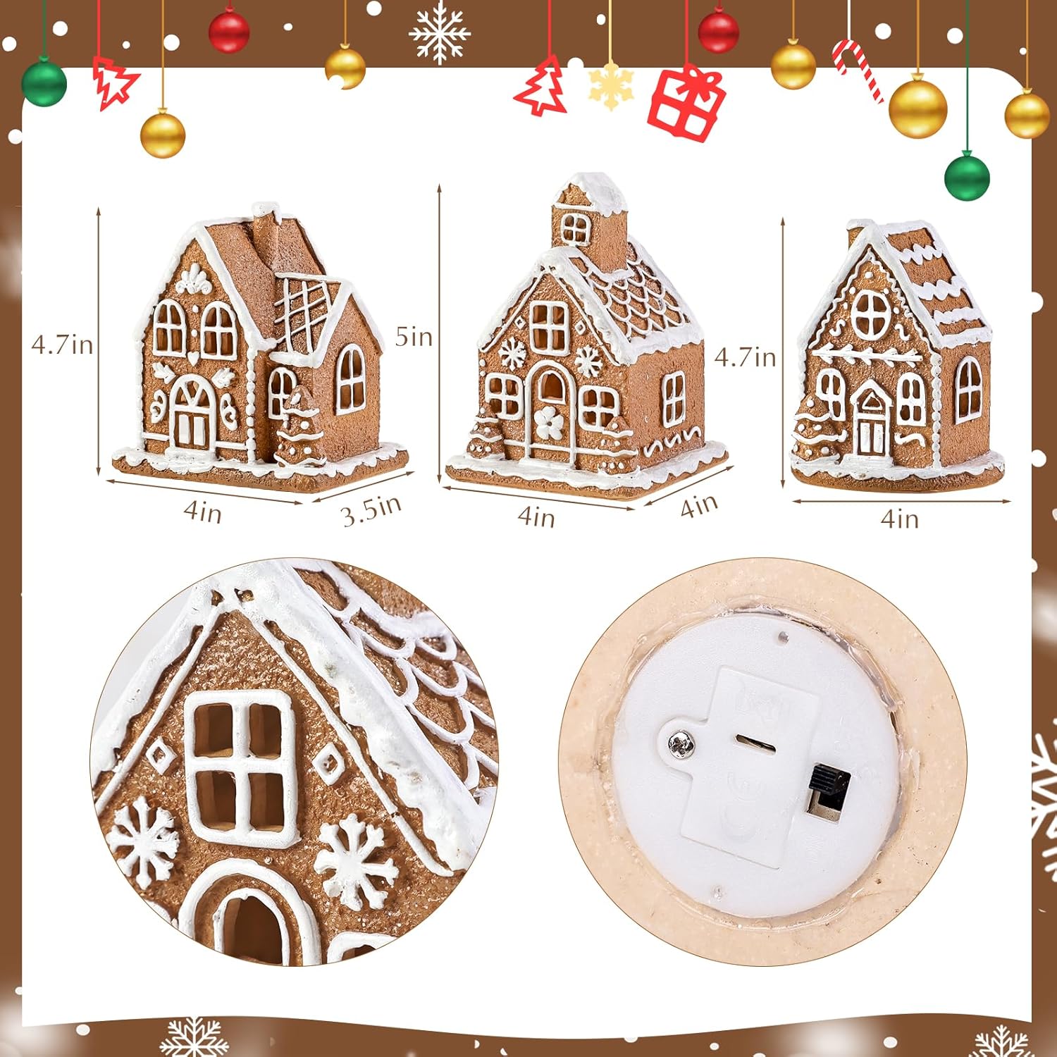 Skiennix Light-Up Gingerbread House Christmas Decorations - 3Pcs Collectible Figurines with LED Lights | Classic Swedish Xmas Table Décor