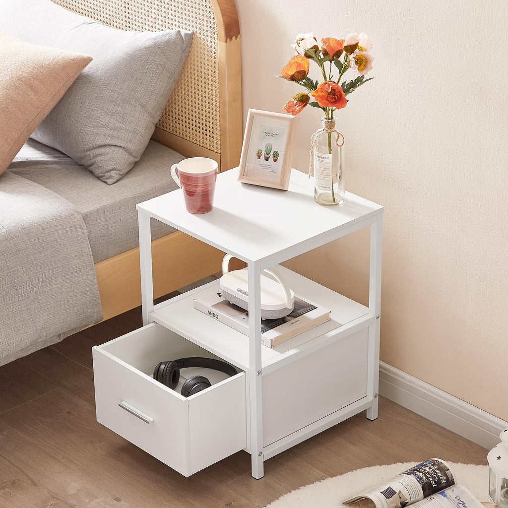 VECELO Nightstand Set of 2 with Wooden Storage Drawer Square Modern Bedside End Tables for Bedroom Living Room, Open Shelf, Industrial Metal Frame, Small Space, White