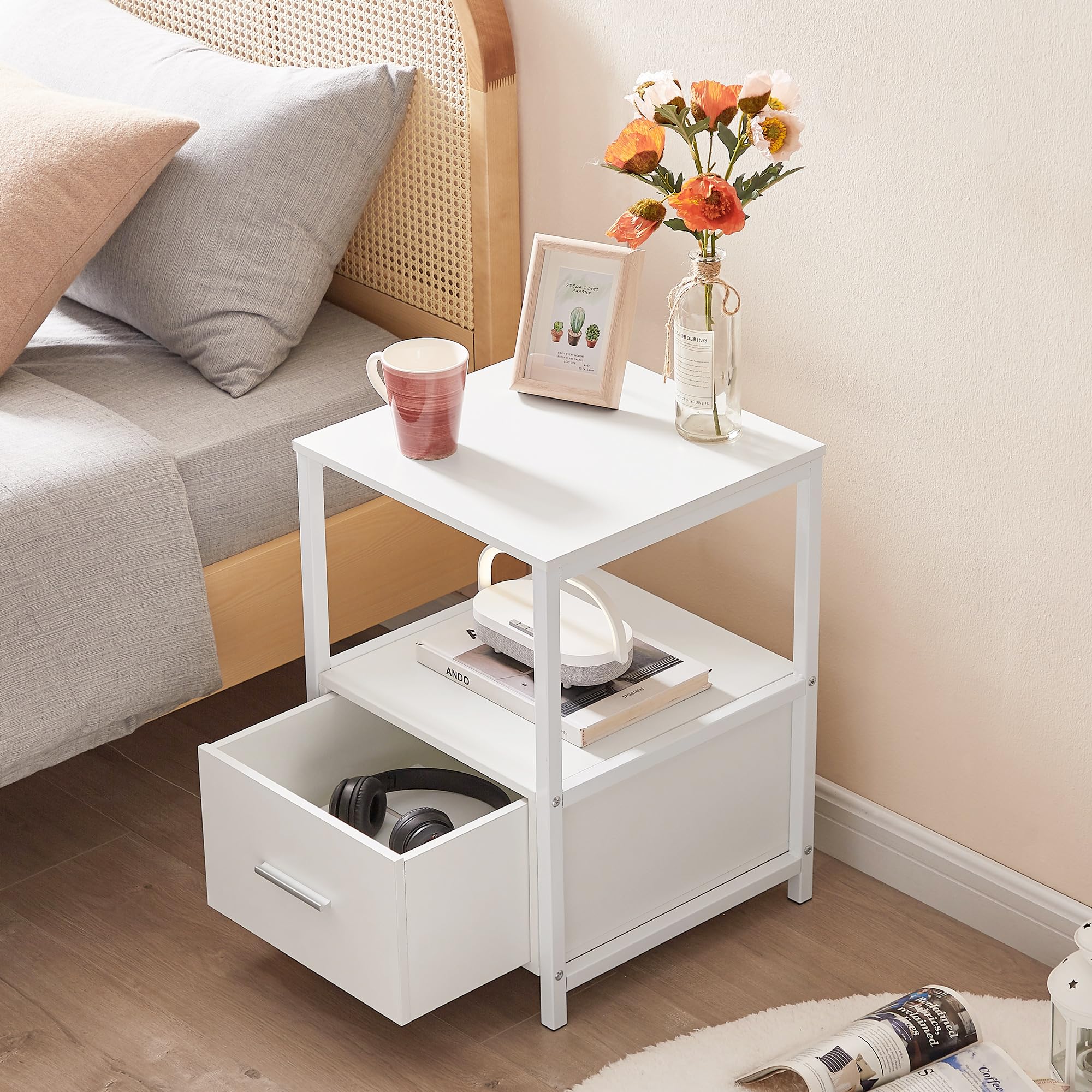 VECELO Nightstand Set of 2 with Wooden Storage Drawer Square Modern Bedside End Tables for Bedroom Living Room, Open Shelf, Industrial Metal Frame, Small Space, White