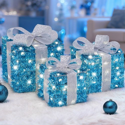 Blue Christmas Decorations, 140 LEDs Set of 3 Lighted Gift Boxes with 8 Modes, Bows, Timer, Warm White Present Boxes for Indoor Outdoor Holiday Party Yard Bedroom Home Xmas Decor